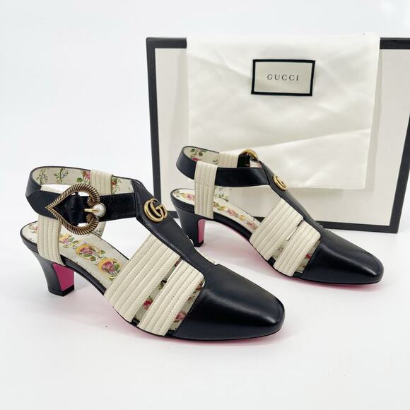 Gucci Shoes - Gucci Gea Two Tone Black White Leather Marmont Logo GG T-bar Pump Heel EU 36